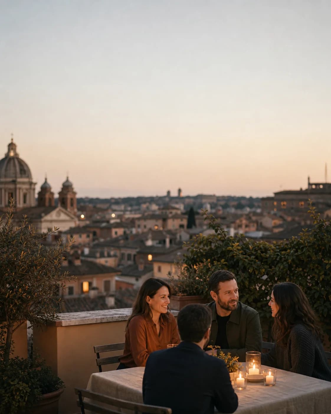 A small group of friends sharing an easy evening conversation on a terrace