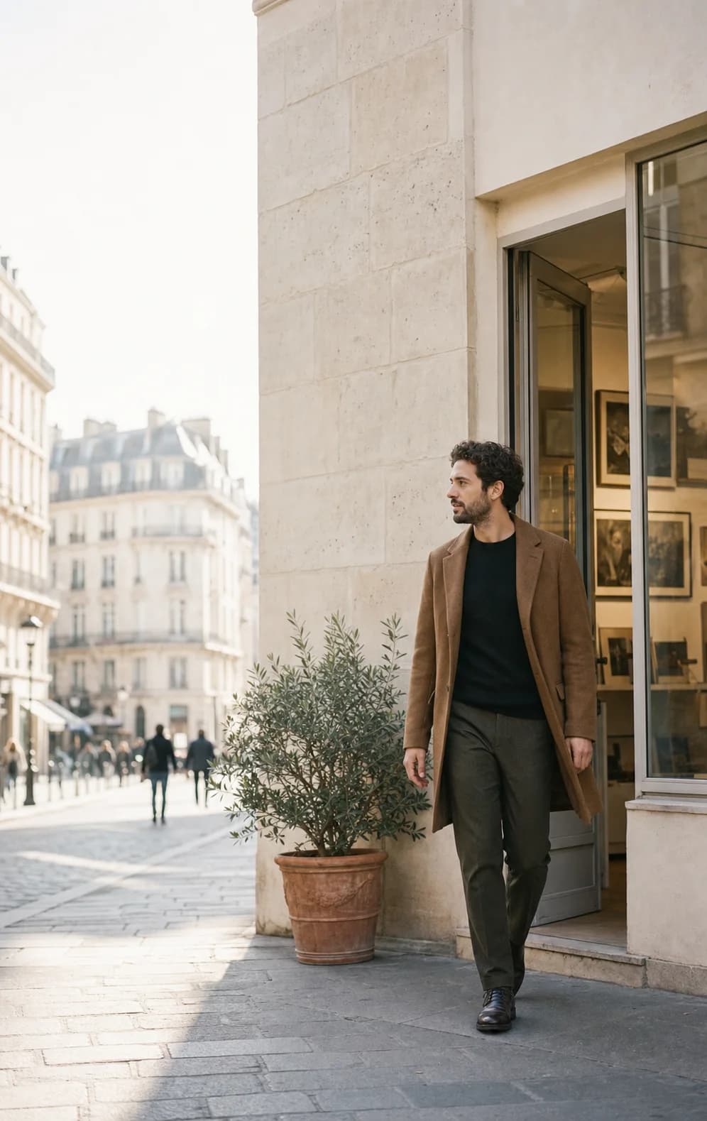 A person stepping out into a calm European city morning
